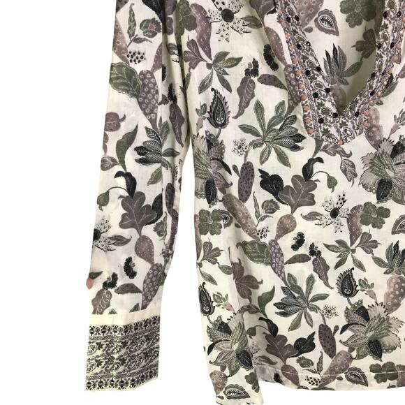 Tory Burch Embellished Botanical Print Tunic Blouse Size 2 Cream Deep V-Neck - Picture 5 of 7
